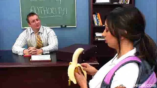 Big sexy brunette girl Sisi Sinz seduces her teacher by eating banana before getting fucked fresh Movies